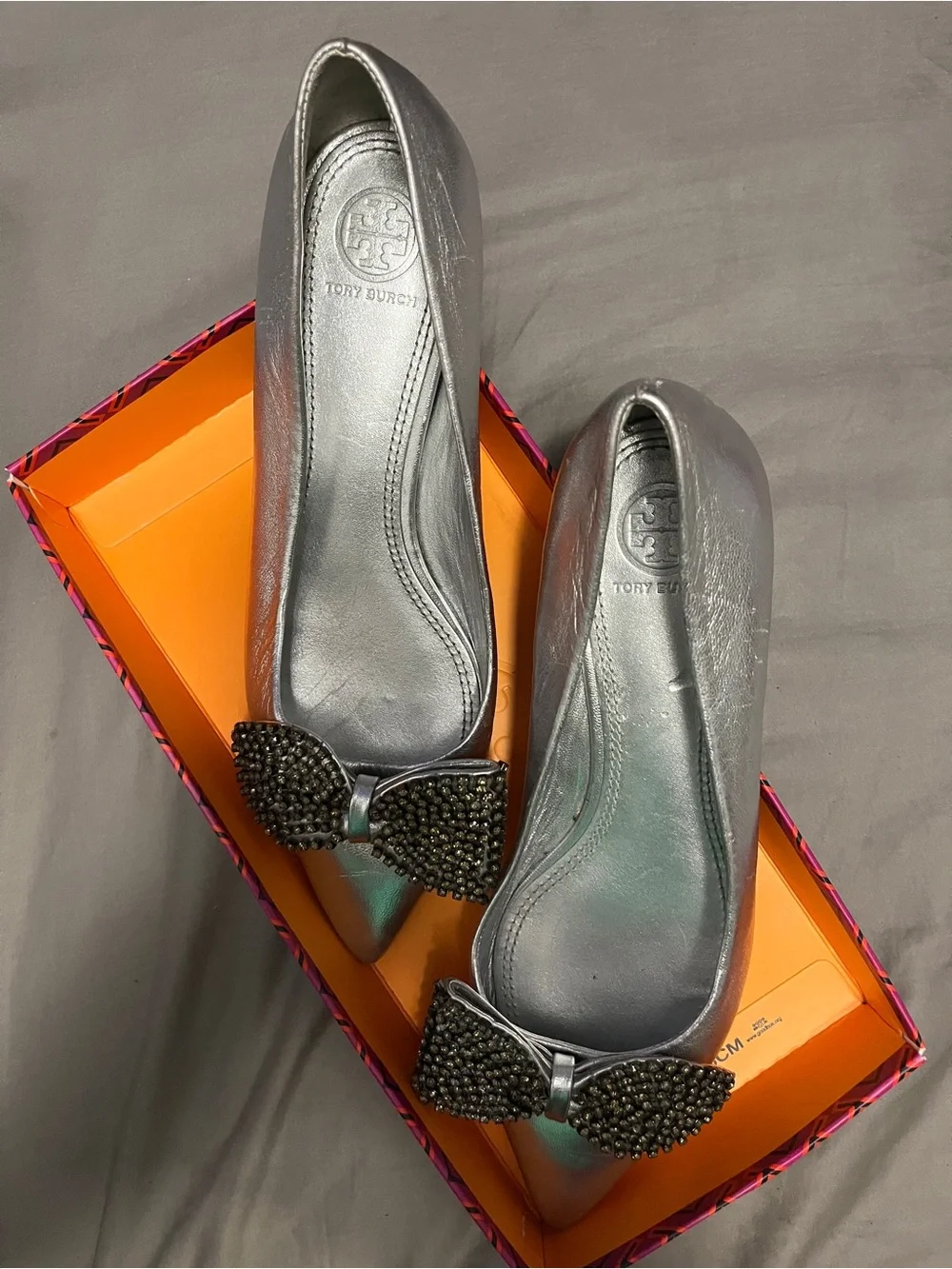 Tory Burch Metallic Silver Pointed Toe Bow Flats with Crystal Bow